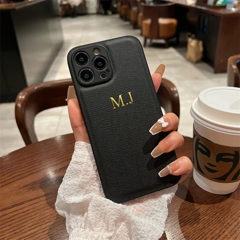 Personalised Customized Name Case For iPhone 16 15 14 13 12 11 Pro Max Initials Letters Leather DIY Cover 13 14 15 16 Pro Max