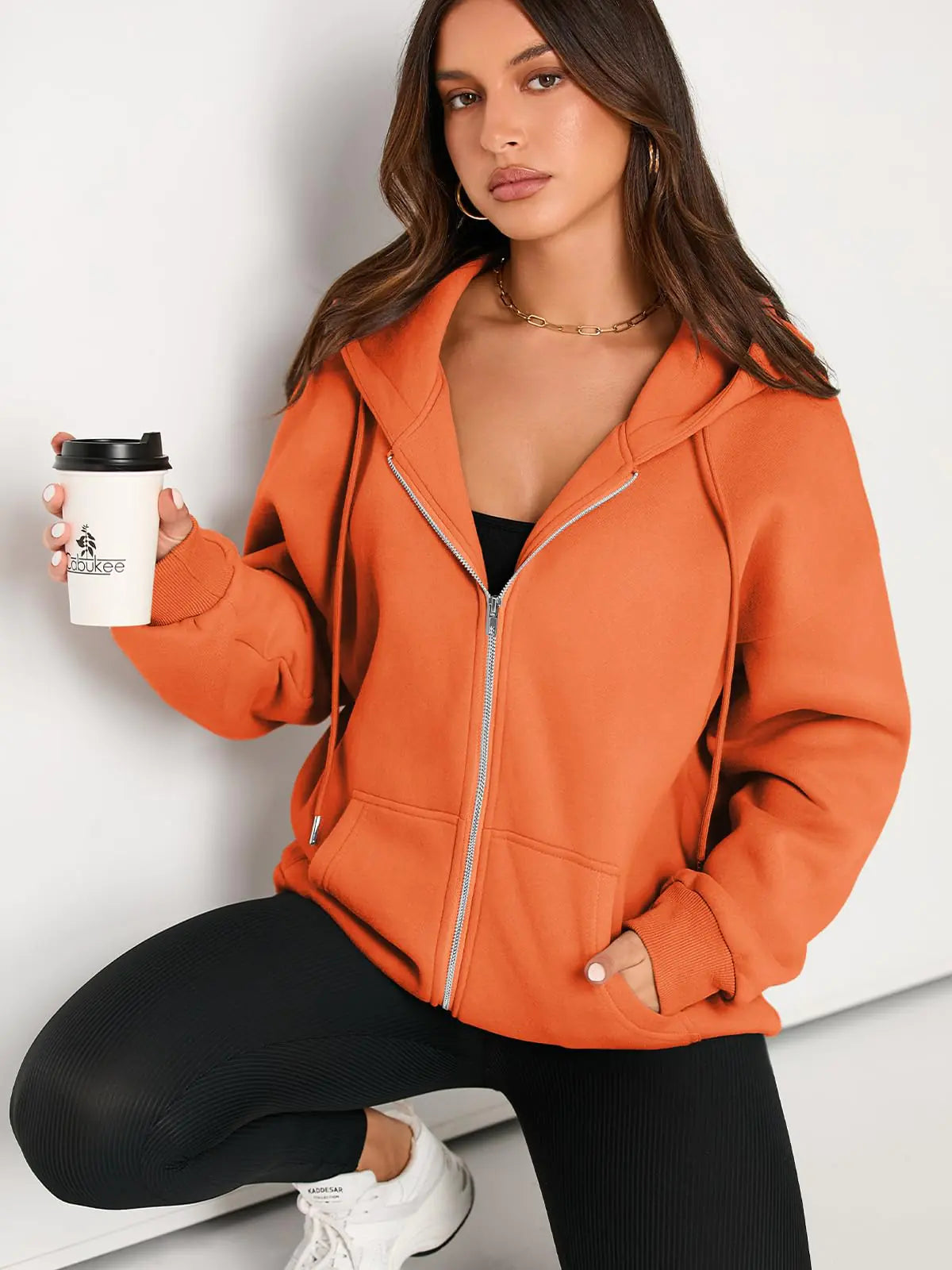 EFAN Women's Drawstring Zip Up Cute Hoodies Fall Jacket Oversized Casual Sweatshirts with Pocket X-Small Orange