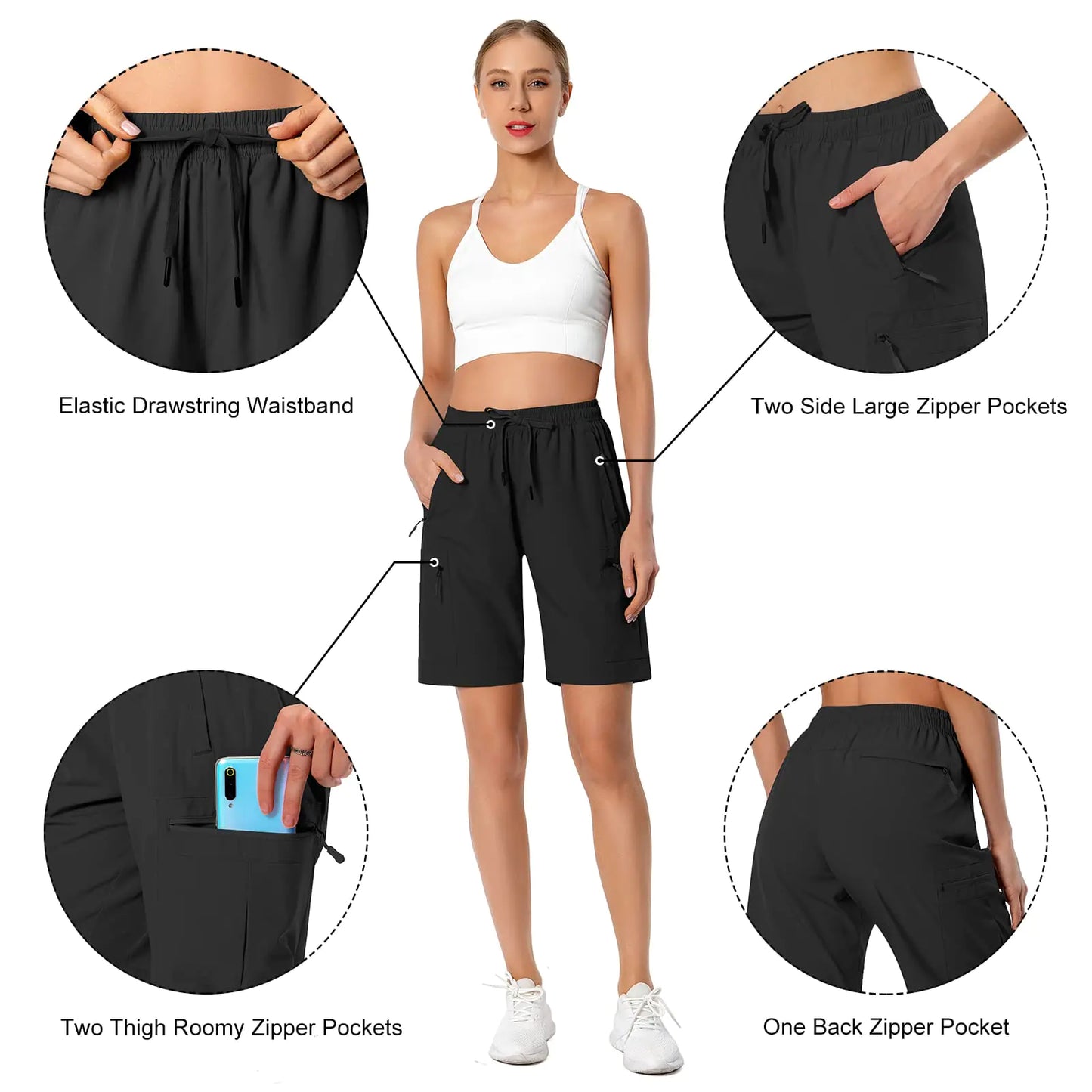 Women's Lightweight Hiking Cargo Shorts Quick Dry Athletic Shorts for Camping Travel Golf with Zipper Pockets Water Resistant Medium Black