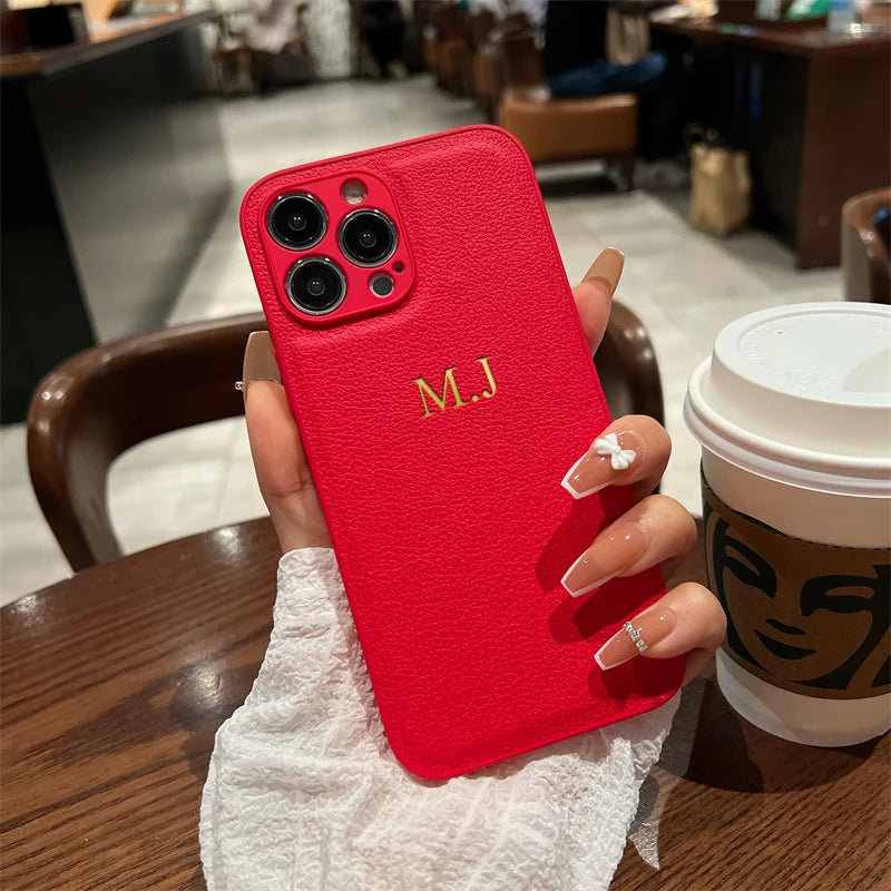 Personalised Customized Name Case For iPhone 16 15 14 13 12 11 Pro Max Initials Letters Leather DIY Cover 13 14 15 16 Pro Max