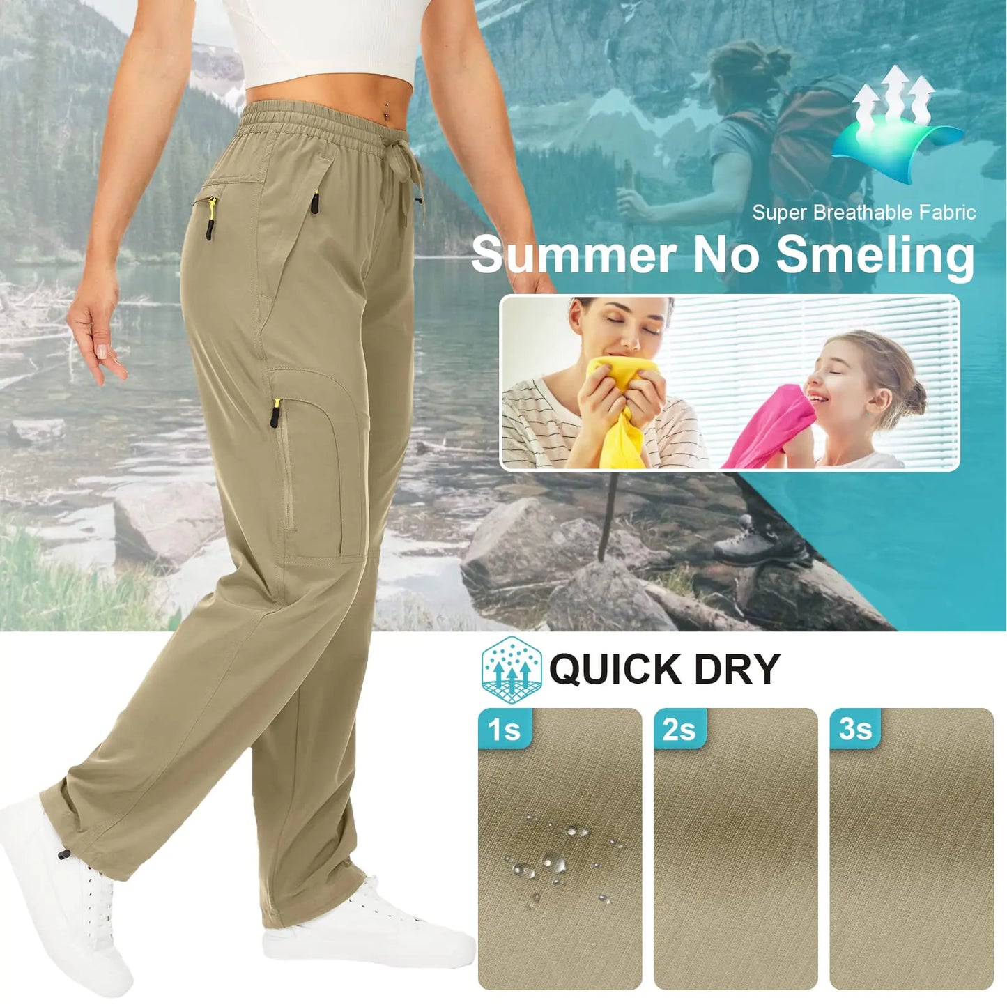 Womens Hiking Pants Quick Dry UPF 50 Travel Golf Pants lightweight Camping Work Cargo Pants Zipper Pockets Khaki Small