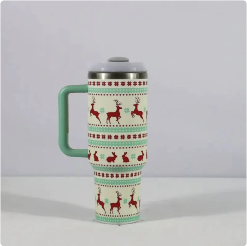 Christmas Stainless Steel Travel Mug with Handle, Lid, and Straw