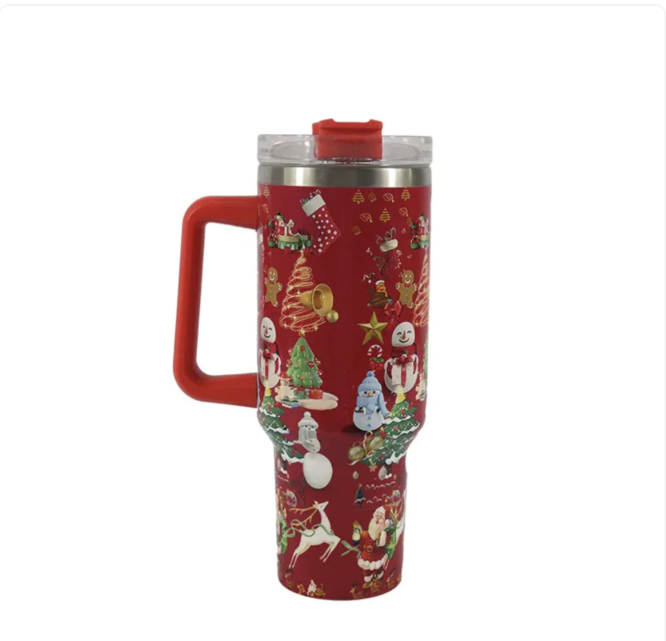 Christmas Stainless Steel Travel Mug with Handle, Lid, and Straw