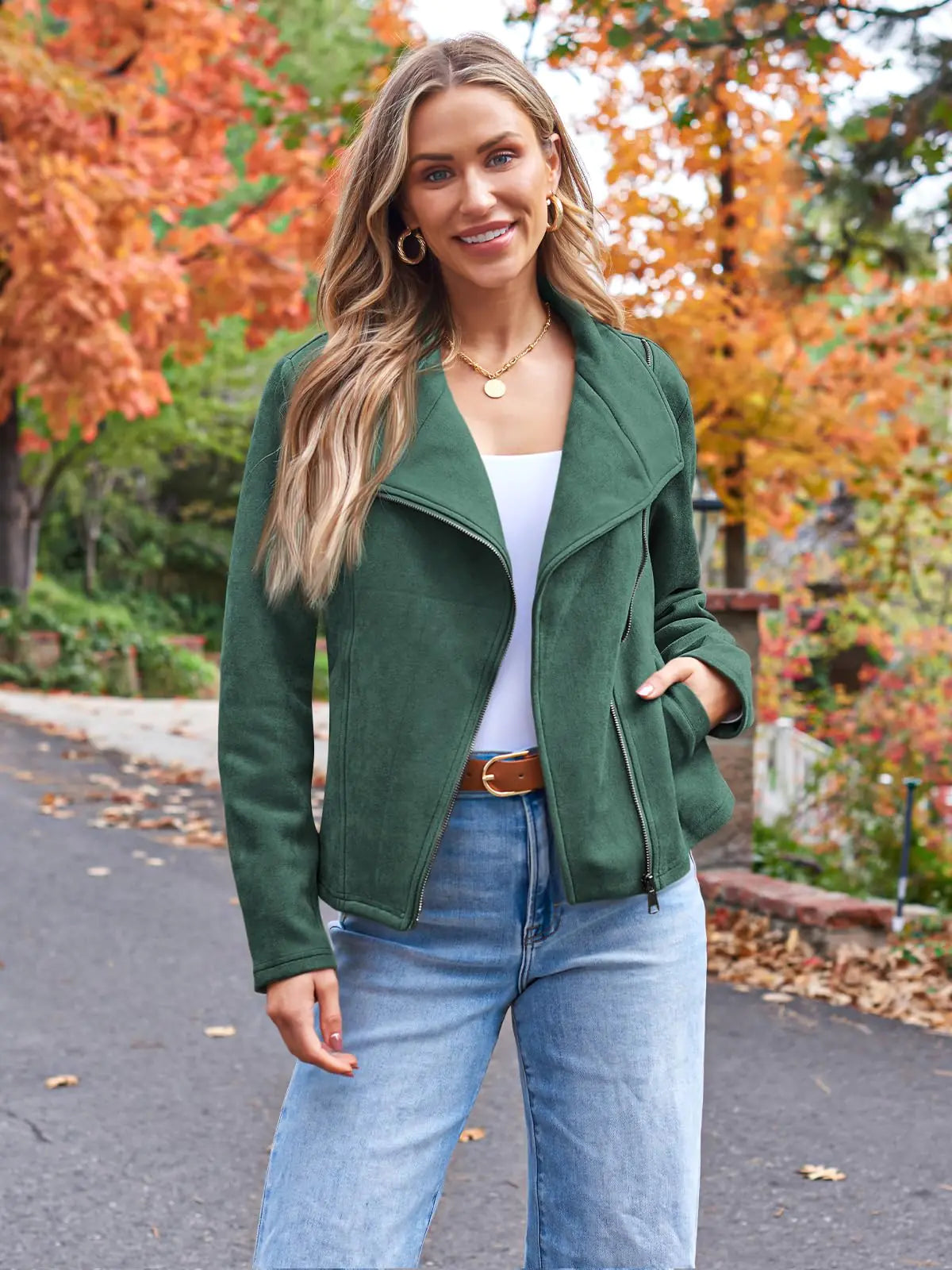 AUTOMET Womens Faux Leather Jackets Suede Fall Fashion 2024 Outfits Winter Clothes Open Front Cropped Coat Outwear Small Green