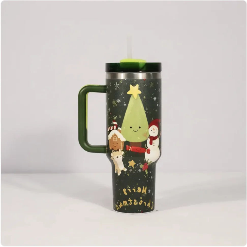 Christmas Stainless Steel Travel Mug with Handle, Lid, and Straw