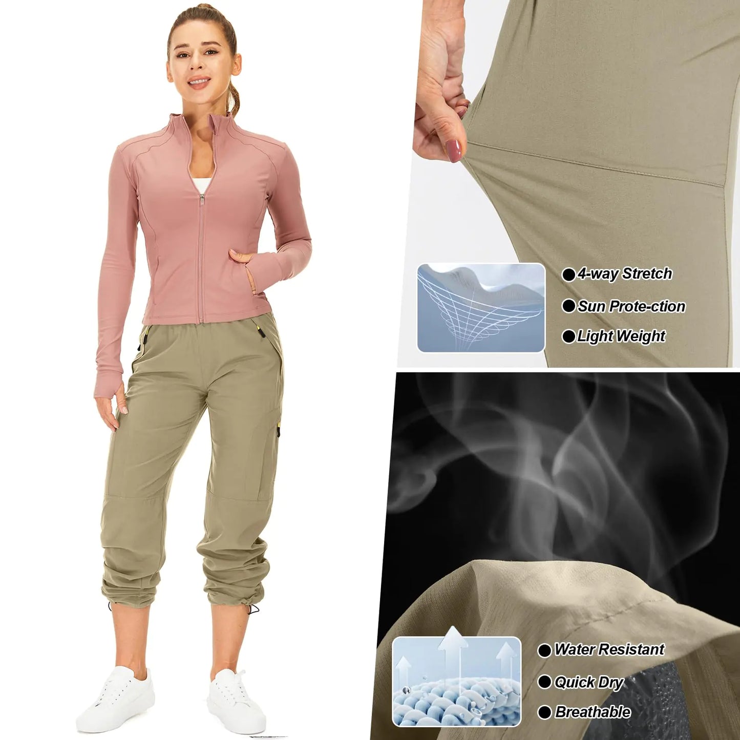 Womens Hiking Pants Quick Dry UPF 50 Travel Golf Pants lightweight Camping Work Cargo Pants Zipper Pockets Khaki Small