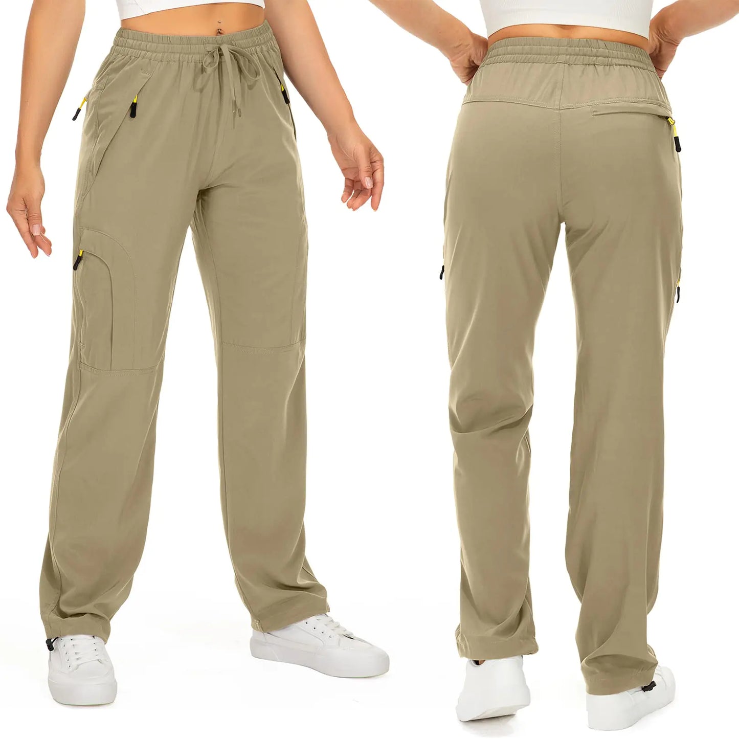 Womens Hiking Pants Quick Dry UPF 50 Travel Golf Pants lightweight Camping Work Cargo Pants Zipper Pockets Khaki Small