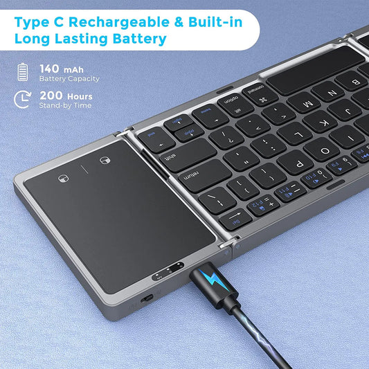 Foldable  Rechargeable Wireless Bluetooth Keyboard for PC, Mac, Smartphone Windows, iOS, & Android