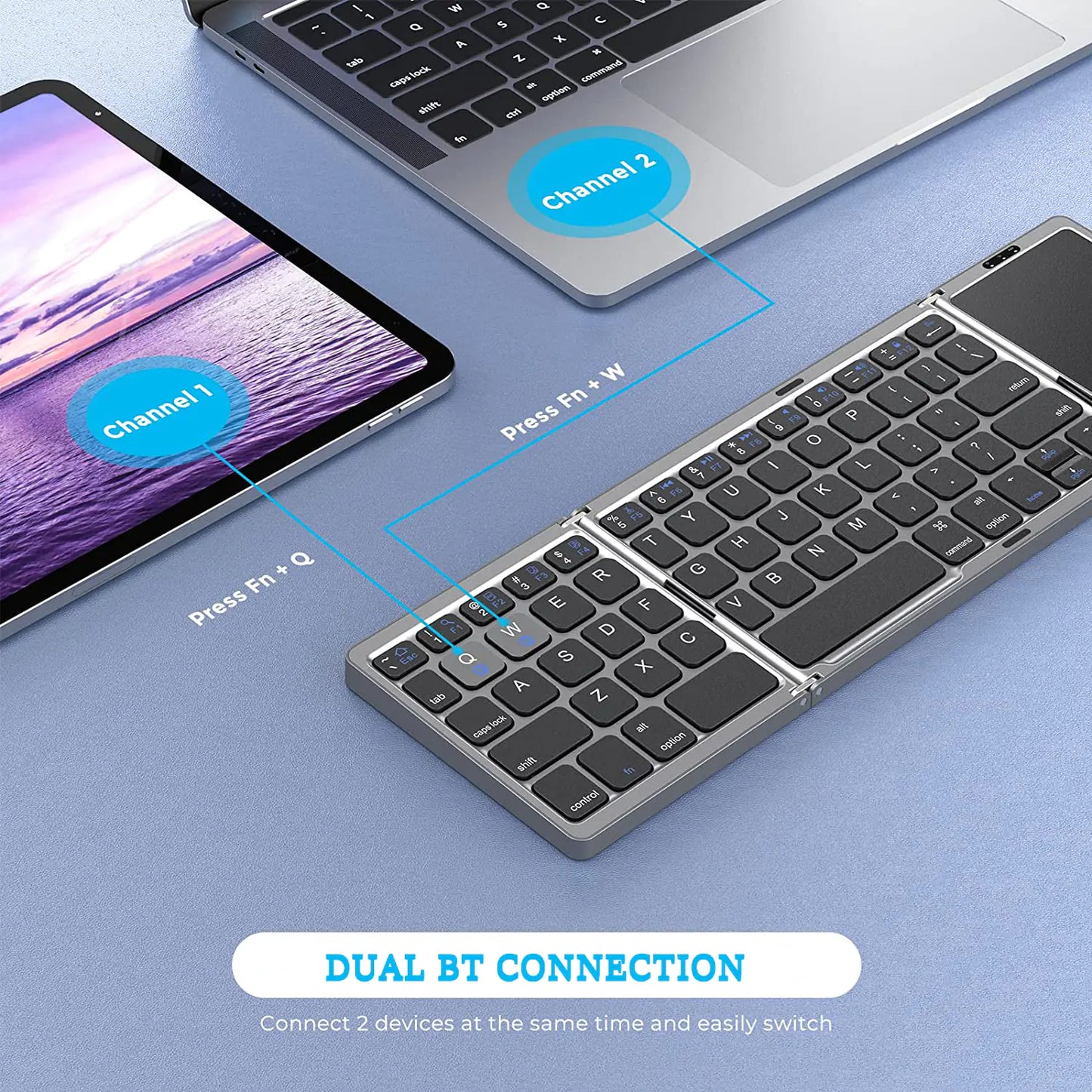 Foldable  Rechargeable Wireless Bluetooth Keyboard for PC, Mac, Smartphone Windows, iOS, & Android