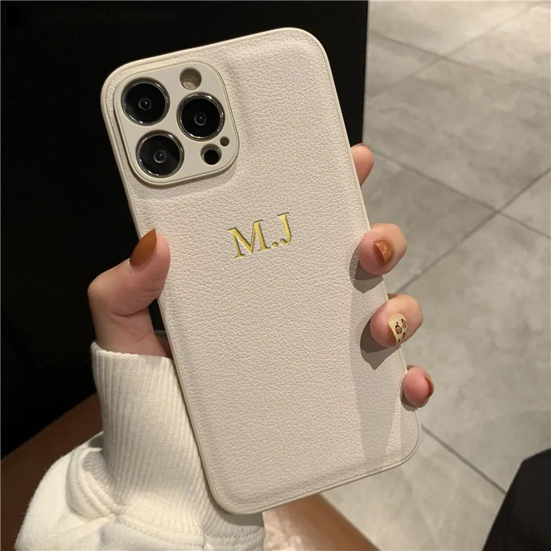 Personalised Customized Name Case For iPhone 16 15 14 13 12 11 Pro Max Initials Letters Leather DIY Cover 13 14 15 16 Pro Max