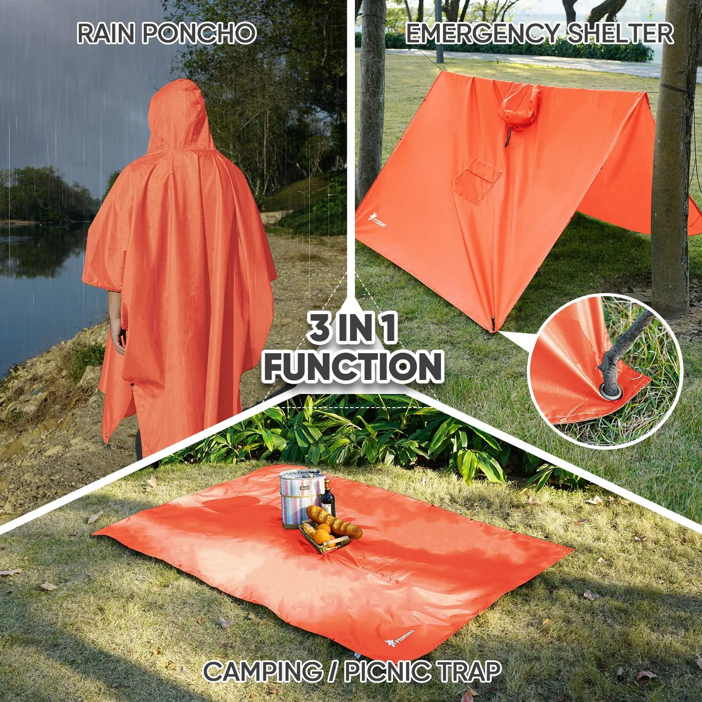 PTEROMY Hooded Rain Poncho for Adult with Pocket, Waterproof Lightweight Unisex Raincoat for Hiking Camping Emergency Orange 1/4 Zipper