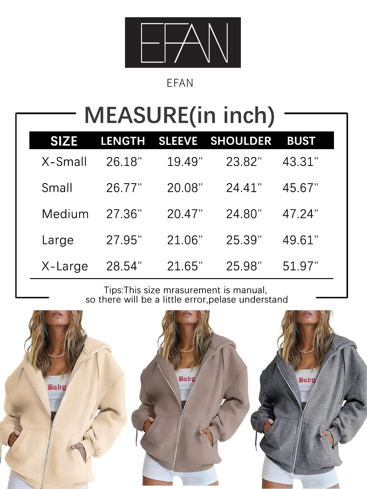 EFAN Women's Drawstring Zip Up Cute Hoodies Fall Jacket Oversized Casual Sweatshirts with Pocket X-Small Orange