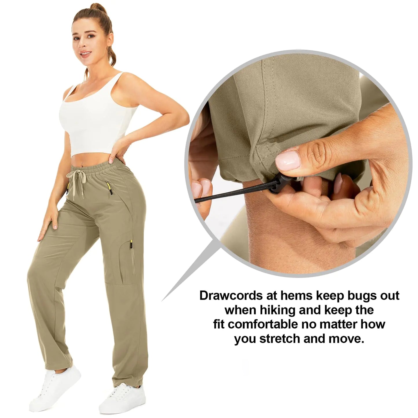 Womens Hiking Pants Quick Dry UPF 50 Travel Golf Pants lightweight Camping Work Cargo Pants Zipper Pockets Khaki Small